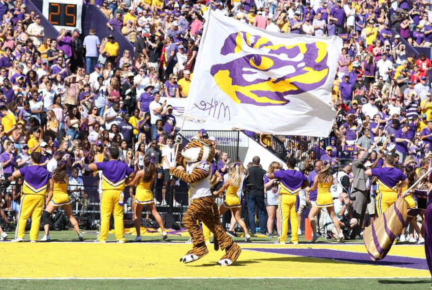 Mike the Tiger with LSU flag