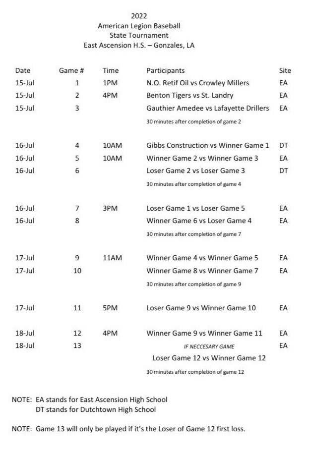 American Legion Schedule state tournament 2022